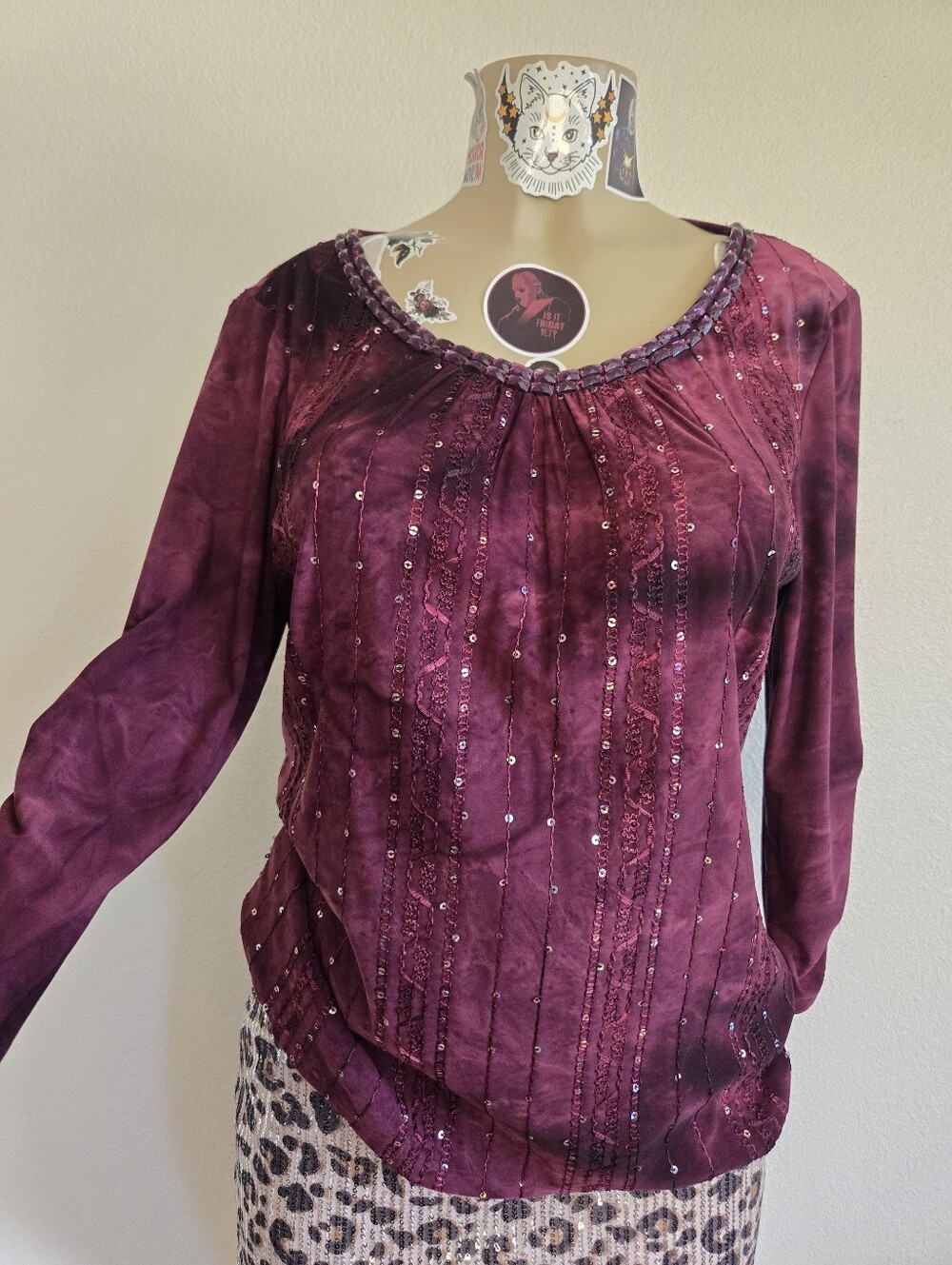Sami & Jo Plum Sequined Long-Sleeve Scoop Neck Top